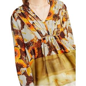 Blank London Floral Sunflowers Print Long Sleeve V Neck Sheer Blouse Top Size 1X